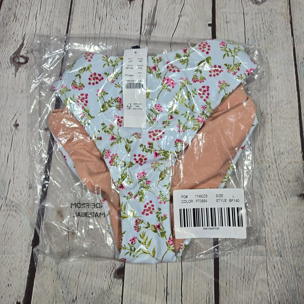 J Crew High Leg Cheeky Bikini Bottoms Floral Print Light Blue Pink Size L - Picture 10 of 10